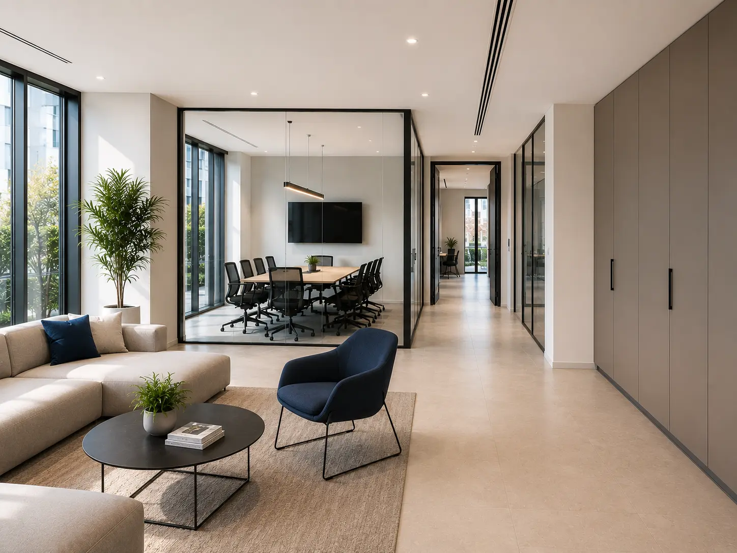 Ambiente contract con area lounge, pareti vetrate e sala riunioni